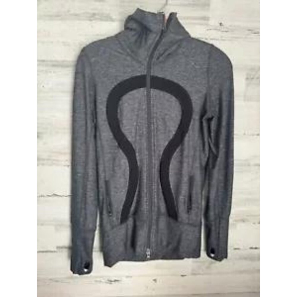 Lululemon Stride Track Jacket Women's Sz 4 Grey Black Logo Collared Thumb Holes